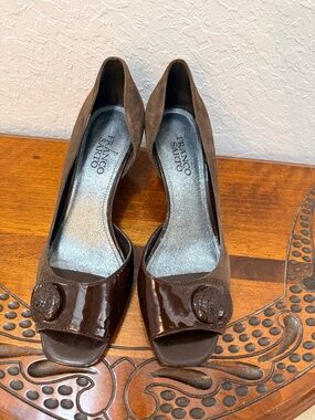 Franco Sarto Brown Peep Toe Heels Size 8 Suede Patent Chic Wedge